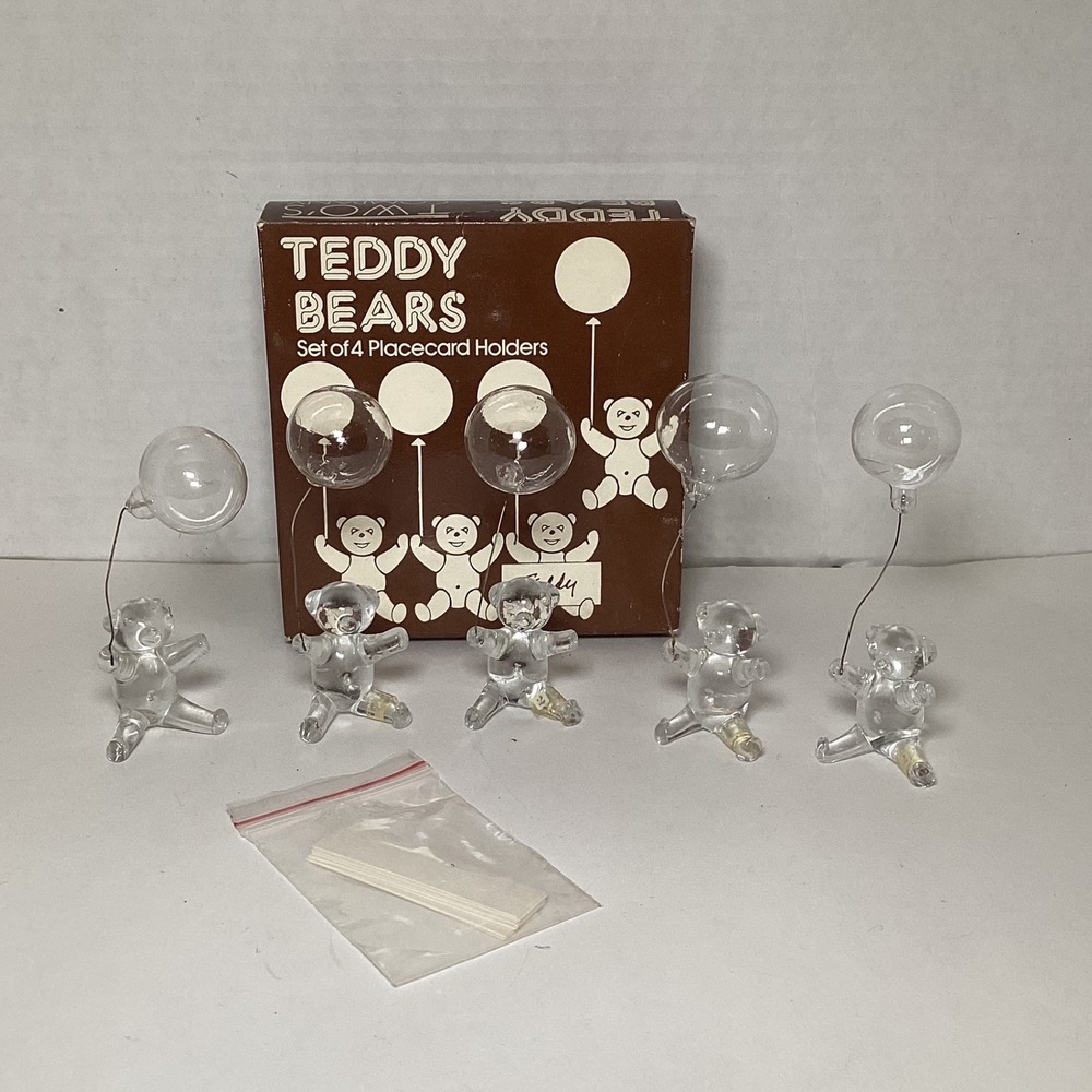 Vintage 1983 Two's Company Glass Teddy Bear Place Card Holders Set of 4 + extra